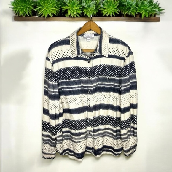 St. John Sport Marie Gray Mixed Print Striped Button Up Collard Blouse - Picture 12 of 12